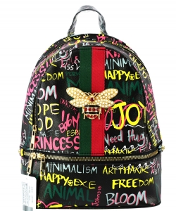 Graffiti Queen Bee Stripe Monogram Backpack GP757B BLACK
